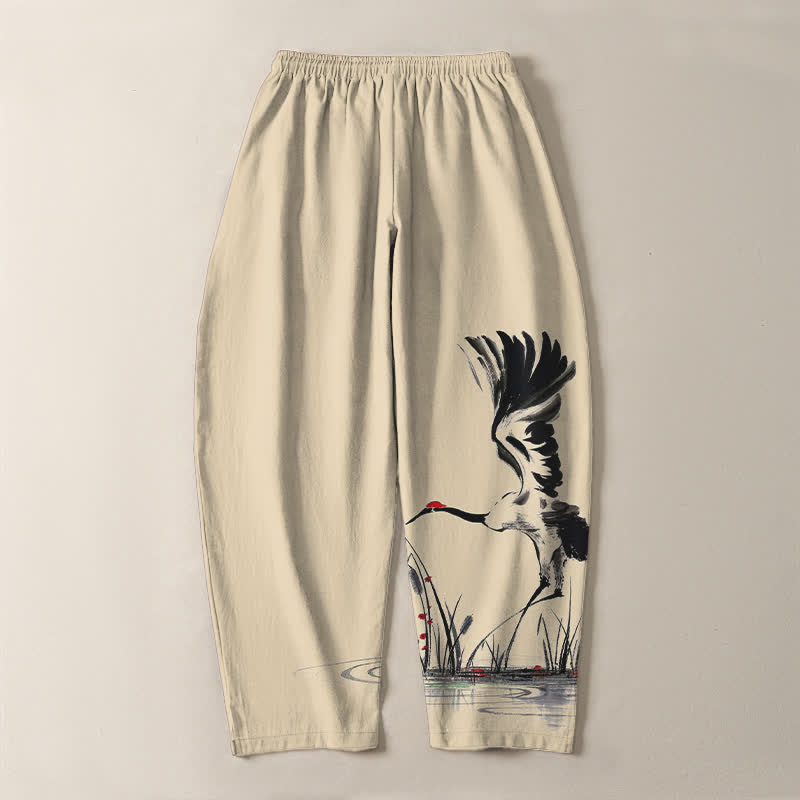 Buddha Stones Herrenhose aus reiner Baumwolle mit Kranichmuster, Kordelzug und Taschen - image 14