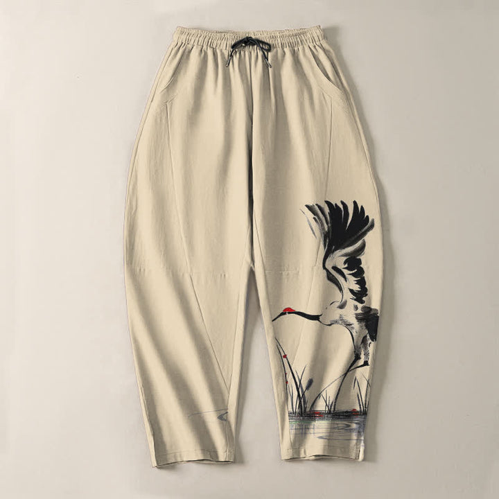 Buddha Stones Herrenhose aus reiner Baumwolle mit Kranichmuster, Kordelzug und Taschen - image 13