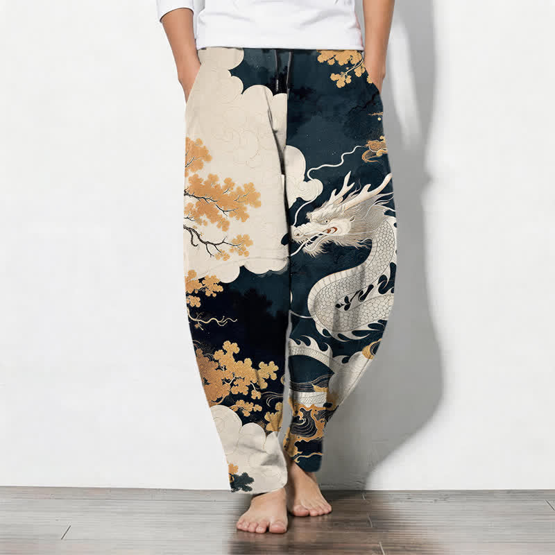 Buddha Stones Herrenhose aus reiner Baumwolle mit östlichem Drachen- und Wolkenmuster, Kordelzug, schmal zulaufendem Schnitt und Taschen - Marine - US/ UK/AU50, EU60 (5XL) - image 0