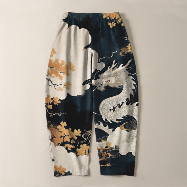 Buddha Stones Herrenhose aus reiner Baumwolle mit östlichem Drachen- und Wolkenmuster, Kordelzug, schmal zulaufendem Schnitt und Taschen - image 3