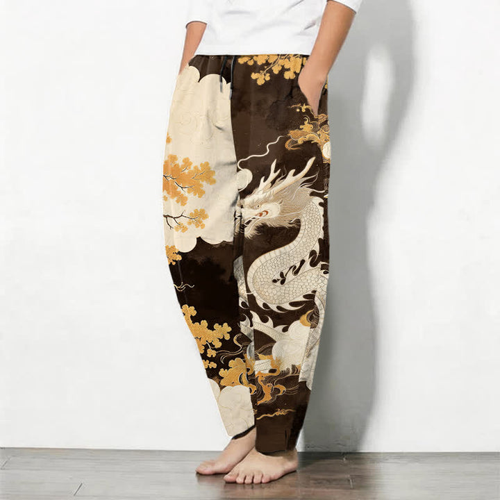Buddha Stones Herrenhose aus reiner Baumwolle mit östlichem Drachen- und Wolkenmuster, Kordelzug, schmal zulaufendem Schnitt und Taschen - image 8