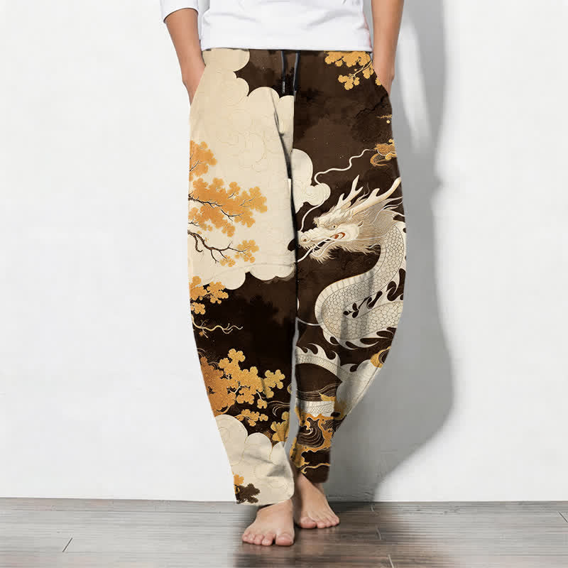 Buddha Stones Herrenhose aus reiner Baumwolle mit östlichem Drachen- und Wolkenmuster, Kordelzug, schmal zulaufendem Schnitt und Taschen - Sattelbraun - US/ UK/AU50, EU60 (5XL) - image 7