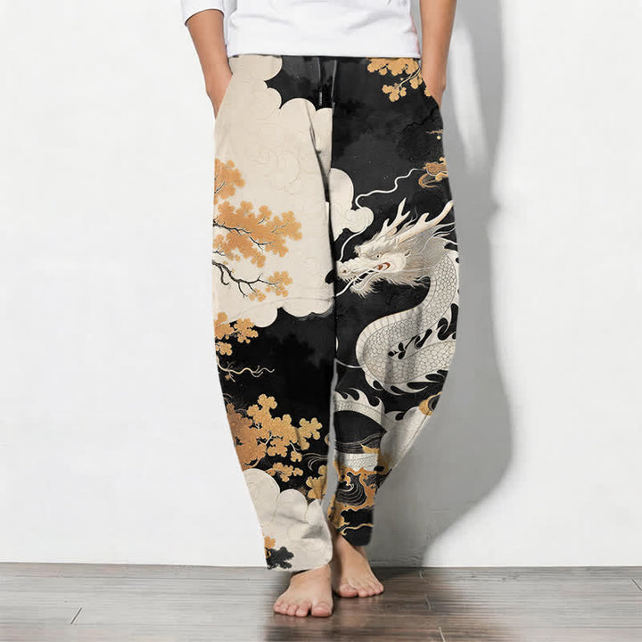 Buddha Stones Herrenhose aus reiner Baumwolle mit östlichem Drachen- und Wolkenmuster, Kordelzug, schmal zulaufendem Schnitt und Taschen - Schwarz - US/ UK/AU50, EU60 (5XL) - image 11