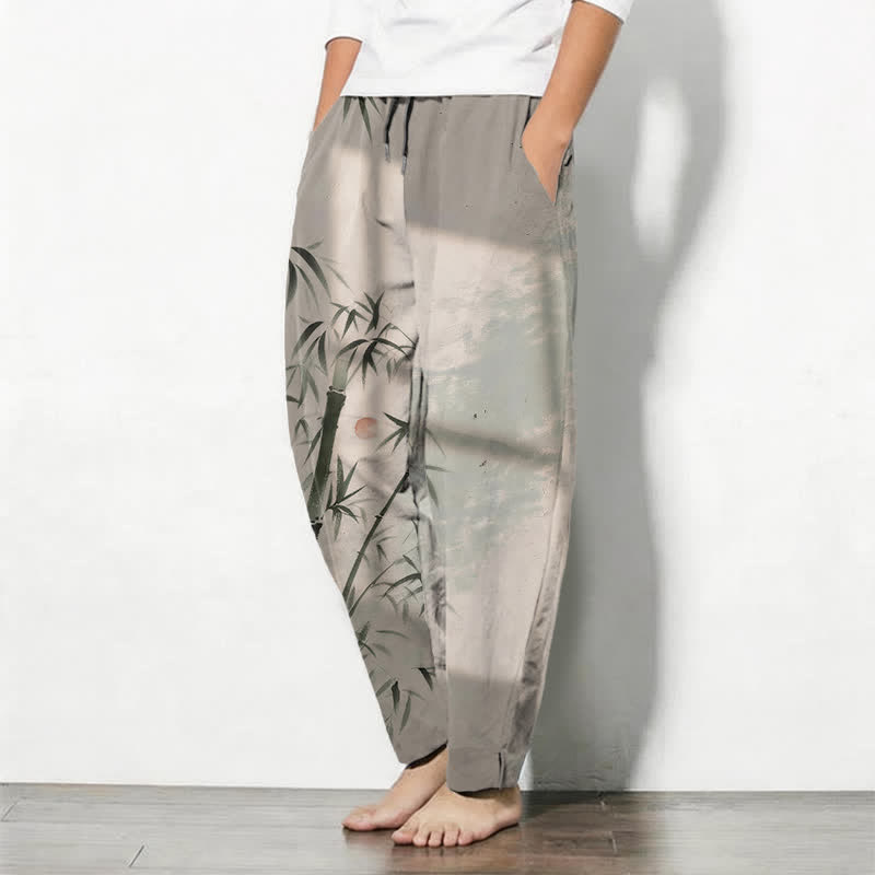 Buddha Stones Herrenhose aus reiner Baumwolle mit Bambusmuster, Kordelzug und Taschen - image 1