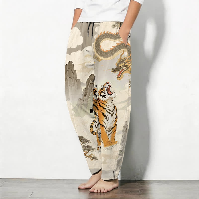 Buddha Stones Herrenhose aus reiner Baumwolle mit Tiger- und Drachenmuster, Kordelzug, schmal zulaufendem Schnitt und Taschen - image 1