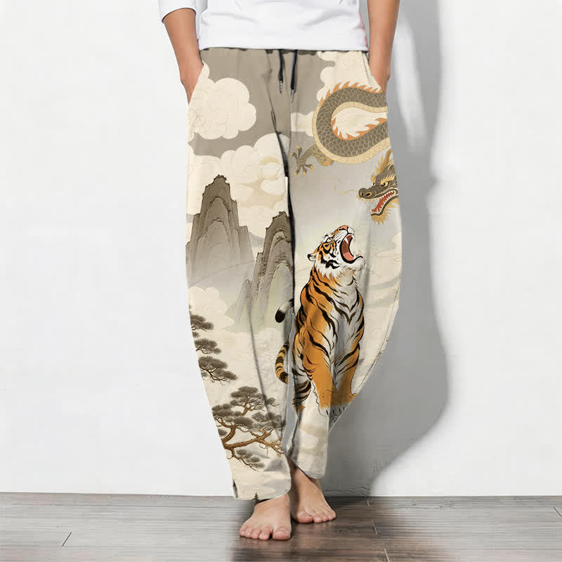 Buddha Stones Herrenhose aus reiner Baumwolle mit Tiger- und Drachenmuster, Kordelzug, schmal zulaufendem Schnitt und Taschen - Bräunen - US/ UK/AU50, EU60 (5XL) - image 0