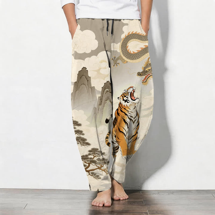 Buddha Stones Herrenhose aus reiner Baumwolle mit Tiger- und Drachenmuster, Kordelzug, schmal zulaufendem Schnitt und Taschen - Bräunen - US/ UK/AU50, EU60 (5XL) - image 0
