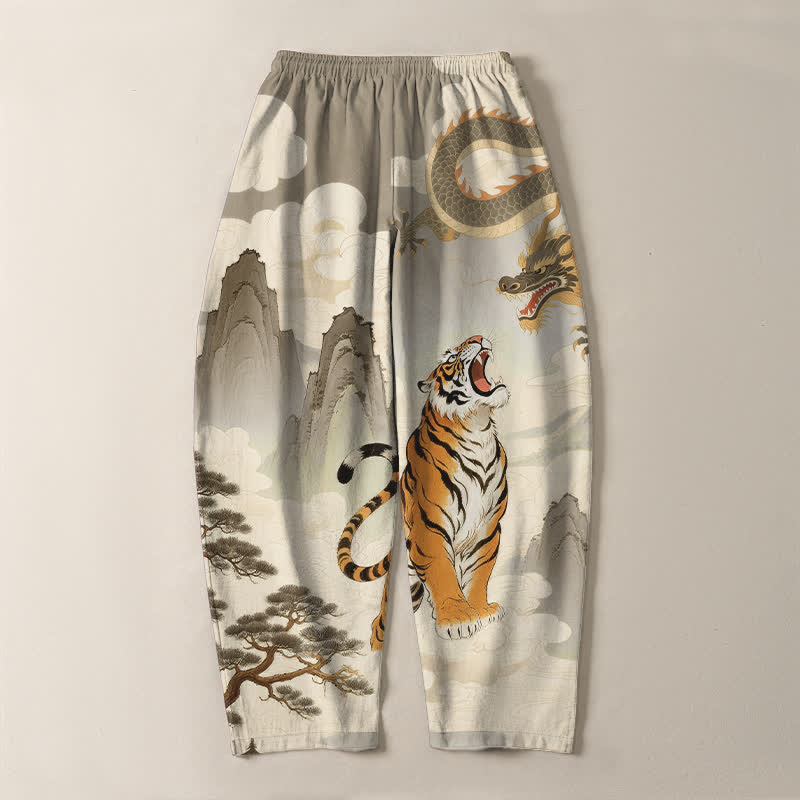 Buddha Stones Herrenhose aus reiner Baumwolle mit Tiger- und Drachenmuster, Kordelzug, schmal zulaufendem Schnitt und Taschen - image 3