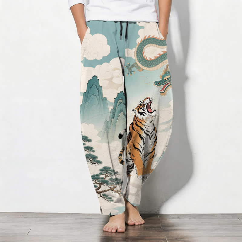 Buddha Stones Herrenhose aus reiner Baumwolle mit Tiger- und Drachenmuster, Kordelzug, schmal zulaufendem Schnitt und Taschen - Helltürkis - US/ UK/AU50, EU60 (5XL) - image 7