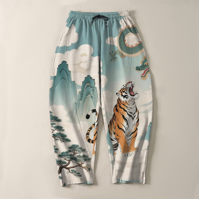 Buddha Stones Herrenhose aus reiner Baumwolle mit Tiger- und Drachenmuster, Kordelzug, schmal zulaufendem Schnitt und Taschen - image 9