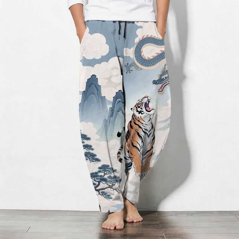 Buddha Stones Herrenhose aus reiner Baumwolle mit Tiger- und Drachenmuster, Kordelzug, schmal zulaufendem Schnitt und Taschen - Hellblau - US/ UK/AU50, EU60 (5XL) - image 14