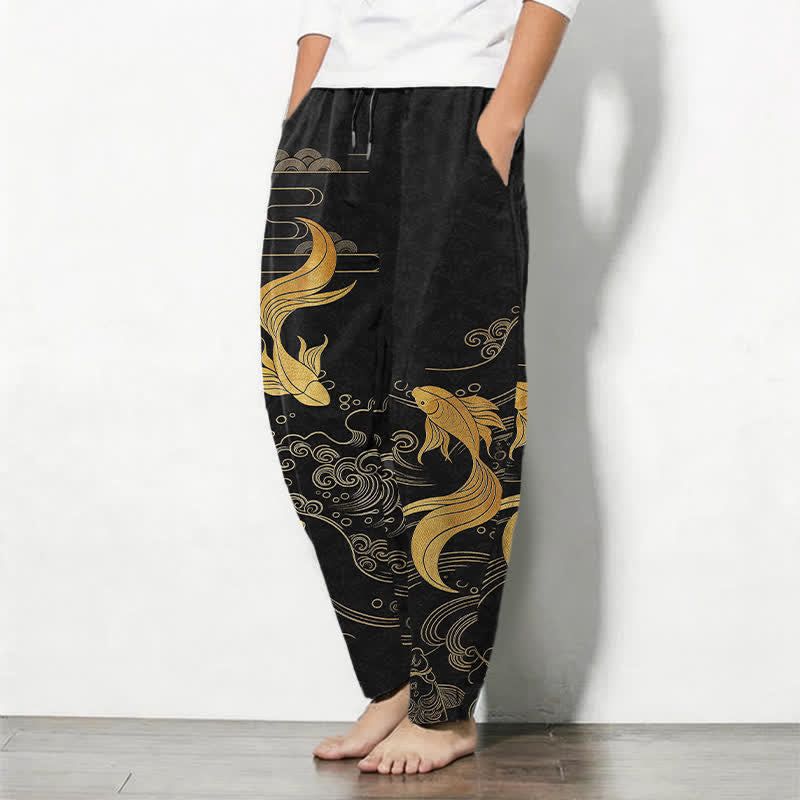 Buddha Stones Herrenhose aus reiner Baumwolle mit goldenem Koi-Fisch-Wellenmuster, Kordelzug und Taschen - image 1