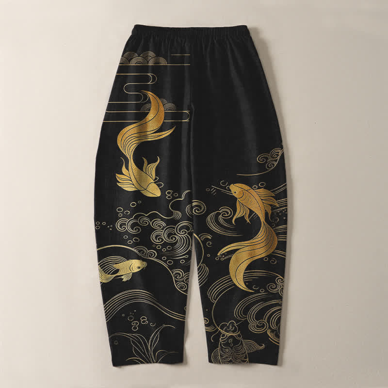Buddha Stones Herrenhose aus reiner Baumwolle mit goldenem Koi-Fisch-Wellenmuster, Kordelzug und Taschen - image 3