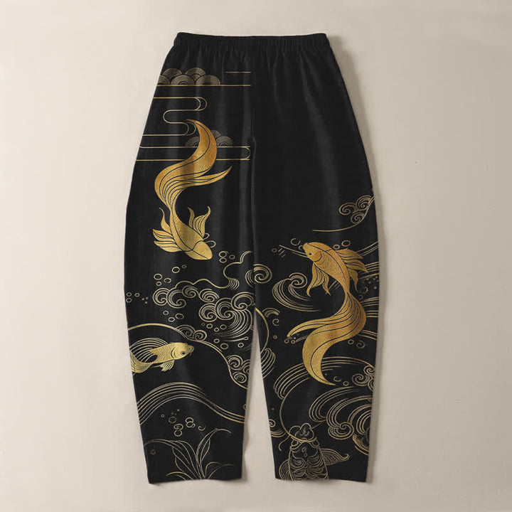 Buddha Stones Herrenhose aus reiner Baumwolle mit goldenem Koi-Fisch-Wellenmuster, Kordelzug und Taschen - image 3