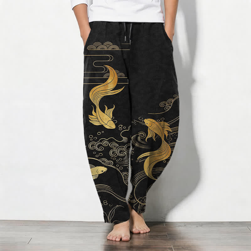 Buddha Stones Herrenhose aus reiner Baumwolle mit goldenem Koi-Fisch-Wellenmuster, Kordelzug und Taschen - Schwarz - US/ UK/AU50, EU60 (5XL) - image 0
