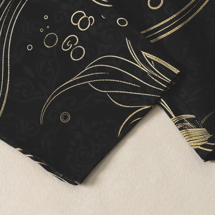 Buddha Stones Herrenhose aus reiner Baumwolle mit goldenem Koi-Fisch-Wellenmuster, Kordelzug und Taschen - image 5