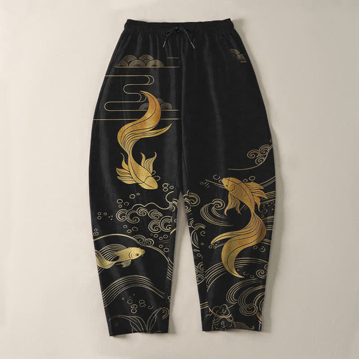 Buddha Stones Herrenhose aus reiner Baumwolle mit goldenem Koi-Fisch-Wellenmuster, Kordelzug und Taschen - image 2