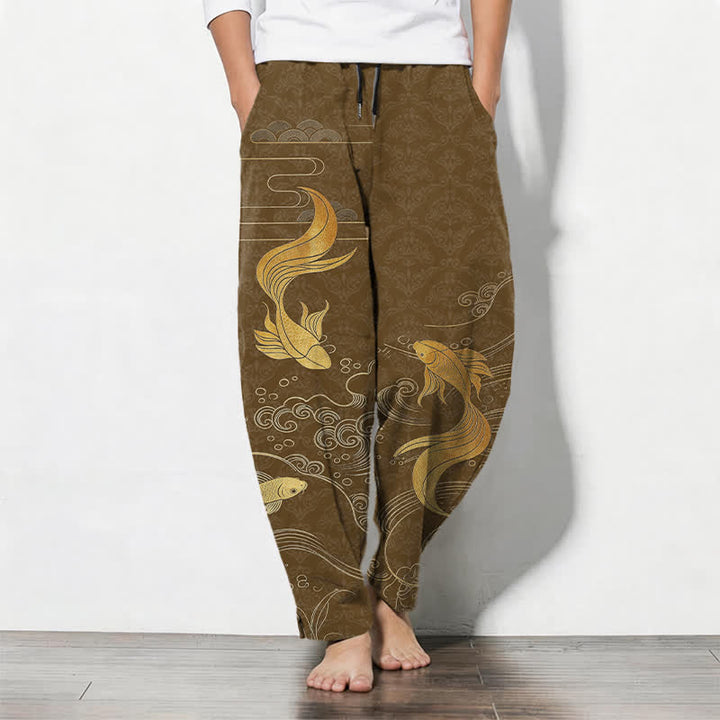 Buddha Stones Herrenhose aus reiner Baumwolle mit goldenem Koi-Fisch-Wellenmuster, Kordelzug und Taschen - Sattelbraun - US/ UK/AU50, EU60 (5XL) - image 7