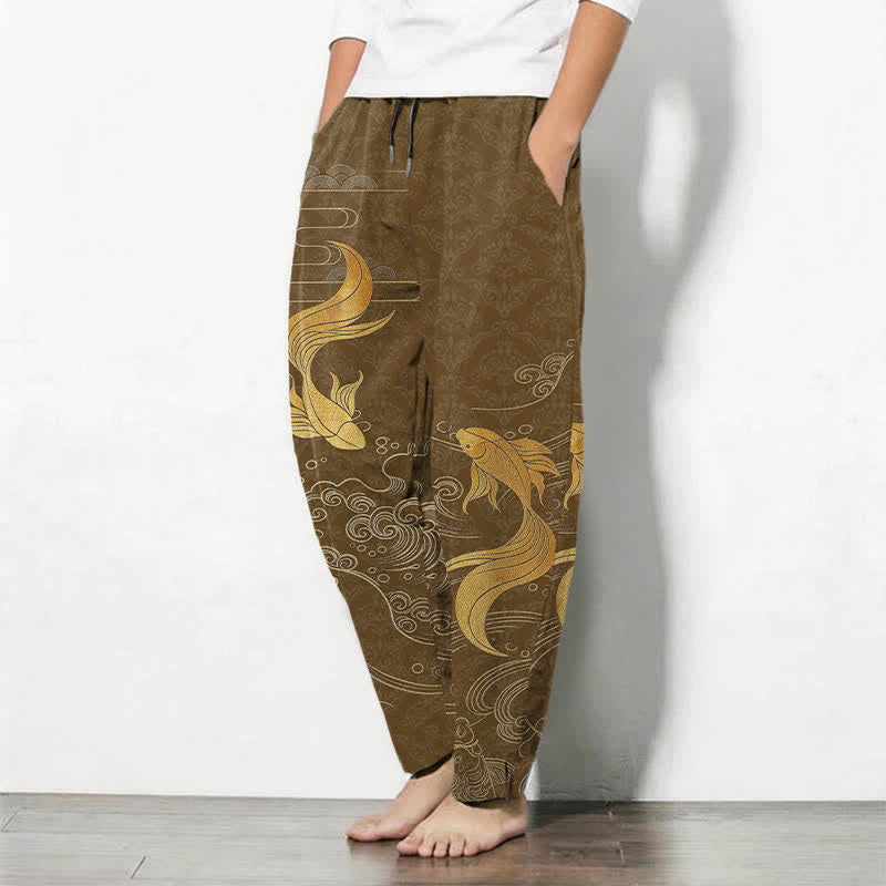 Buddha Stones Herrenhose aus reiner Baumwolle mit goldenem Koi-Fisch-Wellenmuster, Kordelzug und Taschen - image 8