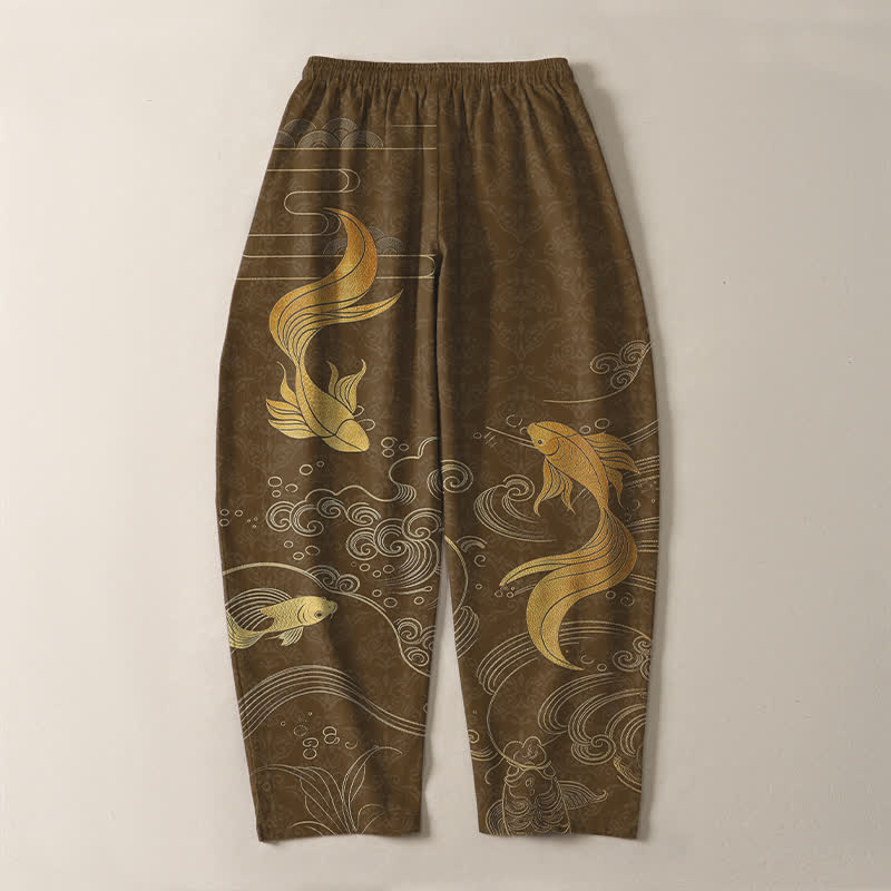 Buddha Stones Herrenhose aus reiner Baumwolle mit goldenem Koi-Fisch-Wellenmuster, Kordelzug und Taschen - image 10