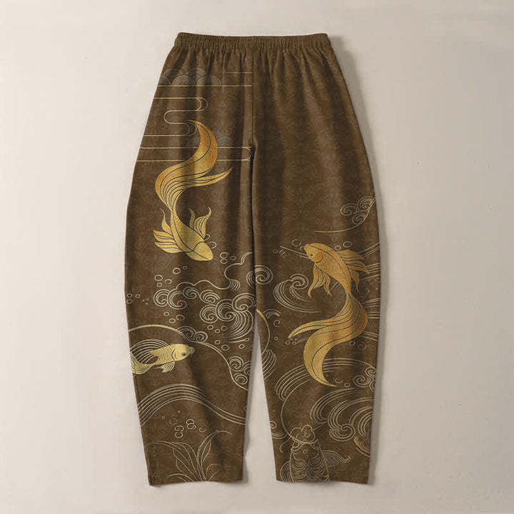 Buddha Stones Herrenhose aus reiner Baumwolle mit goldenem Koi-Fisch-Wellenmuster, Kordelzug und Taschen - image 10