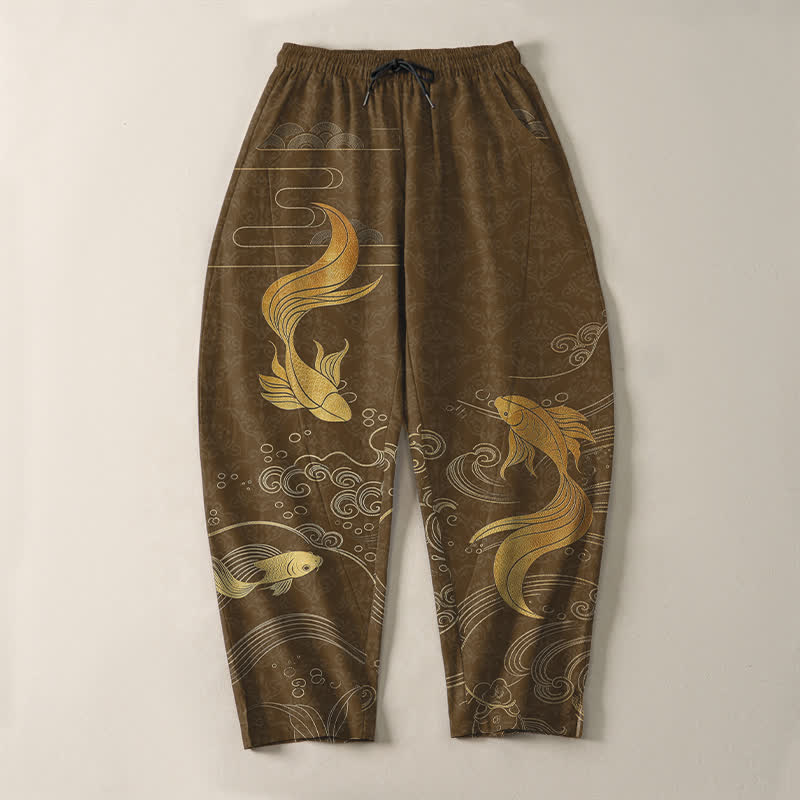 Buddha Stones Herrenhose aus reiner Baumwolle mit goldenem Koi-Fisch-Wellenmuster, Kordelzug und Taschen - image 9