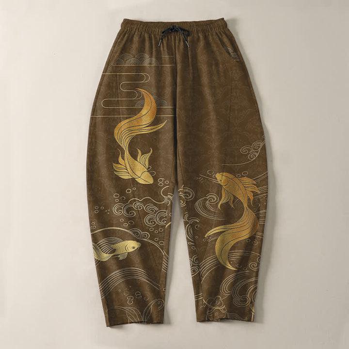 Buddha Stones Herrenhose aus reiner Baumwolle mit goldenem Koi-Fisch-Wellenmuster, Kordelzug und Taschen - image 9
