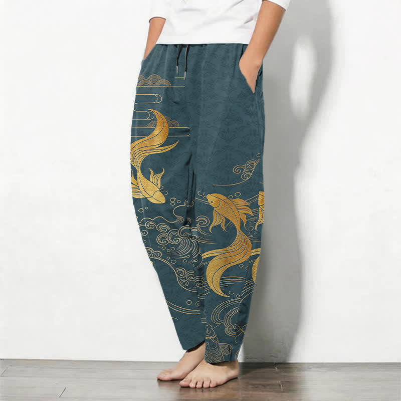 Buddha Stones Herrenhose aus reiner Baumwolle mit goldenem Koi-Fisch-Wellenmuster, Kordelzug und Taschen - image 12