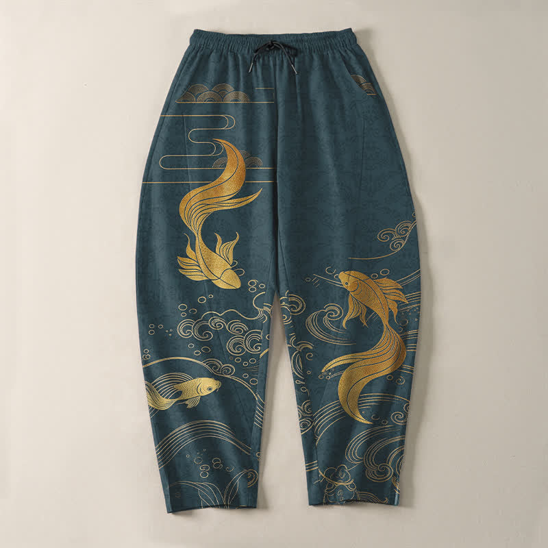 Buddha Stones Herrenhose aus reiner Baumwolle mit goldenem Koi-Fisch-Wellenmuster, Kordelzug und Taschen - image 13