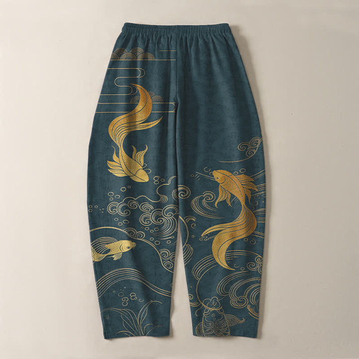 Buddha Stones Herrenhose aus reiner Baumwolle mit goldenem Koi-Fisch-Wellenmuster, Kordelzug und Taschen - image 14