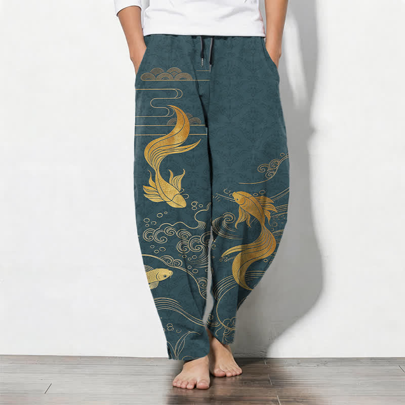 Buddha Stones Herrenhose aus reiner Baumwolle mit goldenem Koi-Fisch-Wellenmuster, Kordelzug und Taschen - Türkis - US/ UK/AU50, EU60 (5XL) - image 11