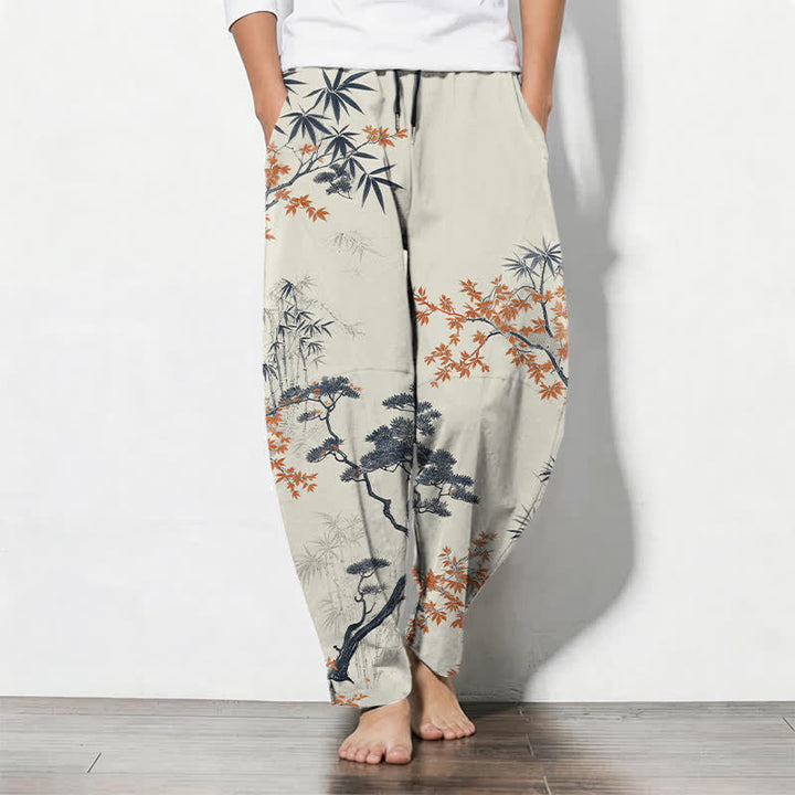 Buddha Stones Herrenhose aus reiner Baumwolle mit Ahorn-, Bambus- und Kiefernmuster, Kordelzug, schmal zulaufender Schnitt und Taschen - Leinen - US/ UK/AU50, EU60 (5XL) - image 0