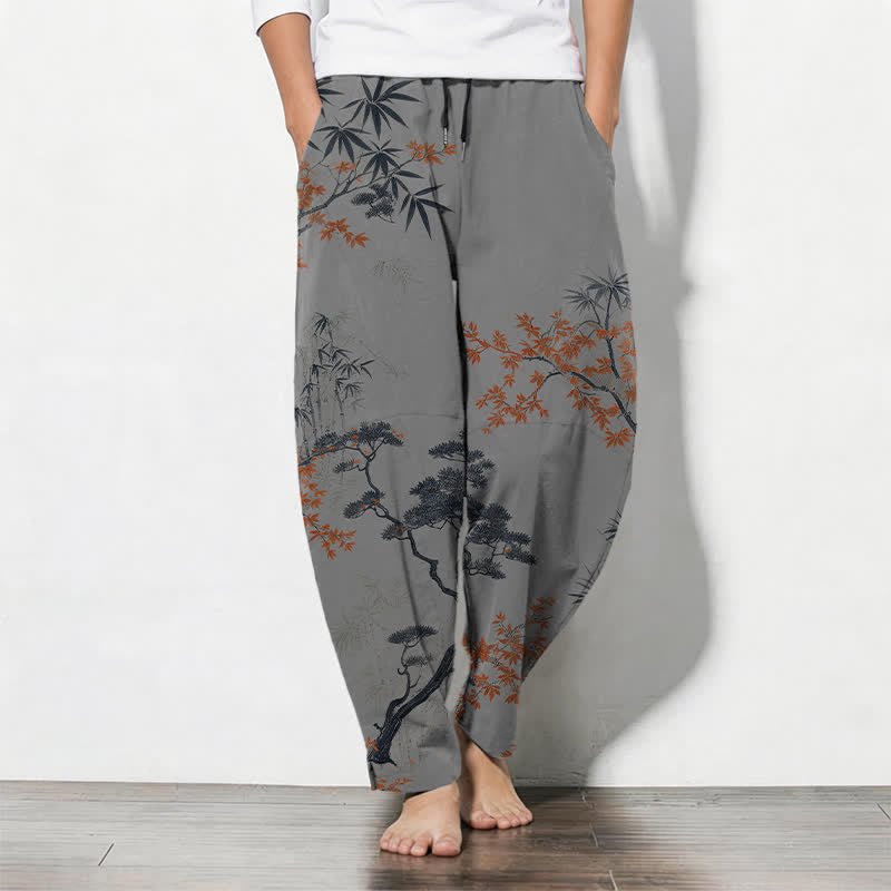 Buddha Stones Herrenhose aus reiner Baumwolle mit Ahorn-, Bambus- und Kiefernmuster, Kordelzug, schmal zulaufender Schnitt und Taschen - Grau - US/ UK/AU50, EU60 (5XL) - image 7