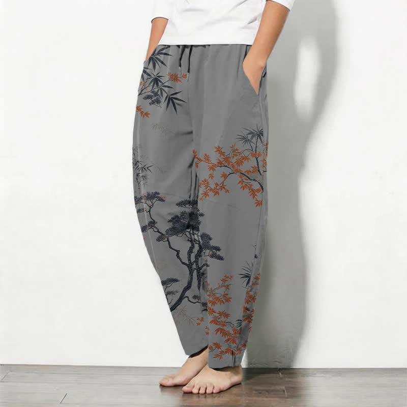 Buddha Stones Herrenhose aus reiner Baumwolle mit Ahorn-, Bambus- und Kiefernmuster, Kordelzug, schmal zulaufender Schnitt und Taschen - image 8