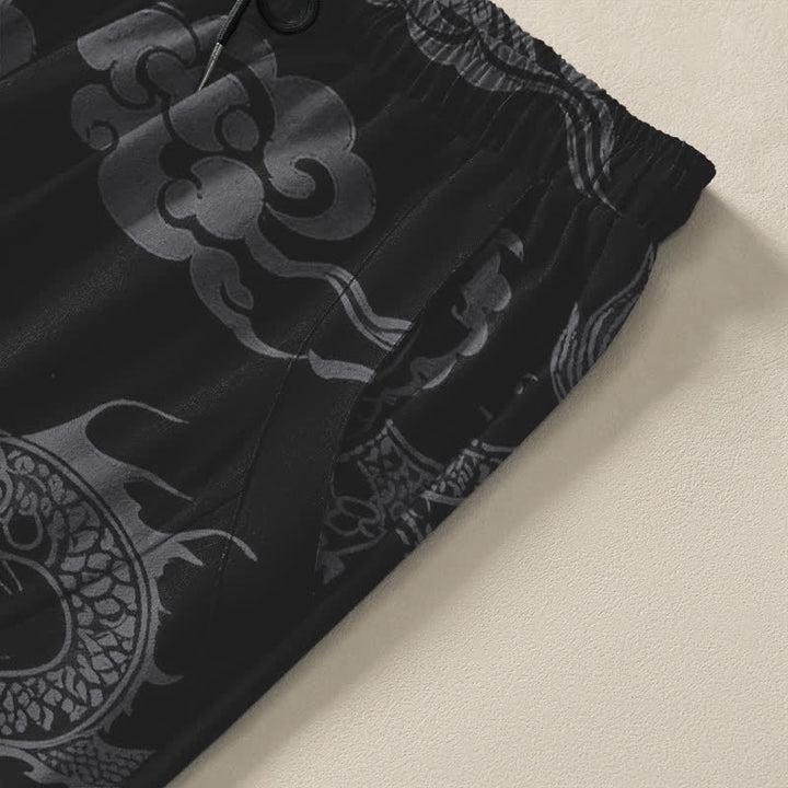 Buddha Stones Herrenhose aus reiner Baumwolle mit dunklem Drachen- und Wolkenmuster, Kordelzug, schmal zulaufendem Schnitt und Taschen - image 4