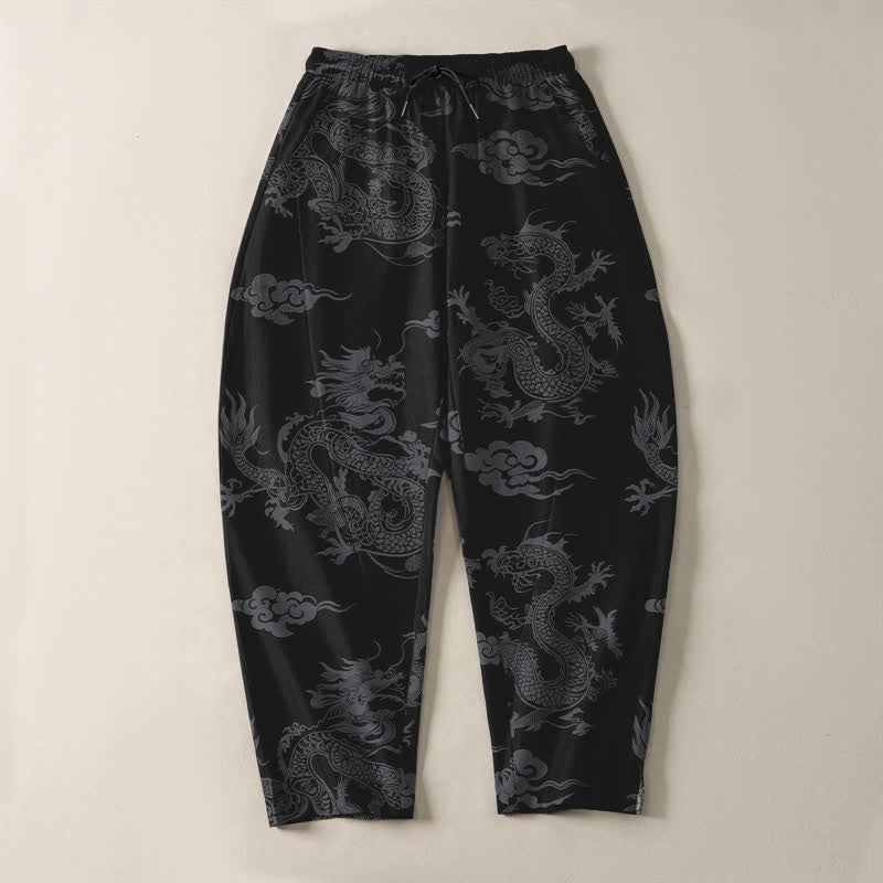 Buddha Stones Herrenhose aus reiner Baumwolle mit dunklem Drachen- und Wolkenmuster, Kordelzug, schmal zulaufendem Schnitt und Taschen - image 2