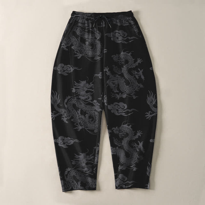 Buddha Stones Herrenhose aus reiner Baumwolle mit dunklem Drachen- und Wolkenmuster, Kordelzug, schmal zulaufendem Schnitt und Taschen - image 2