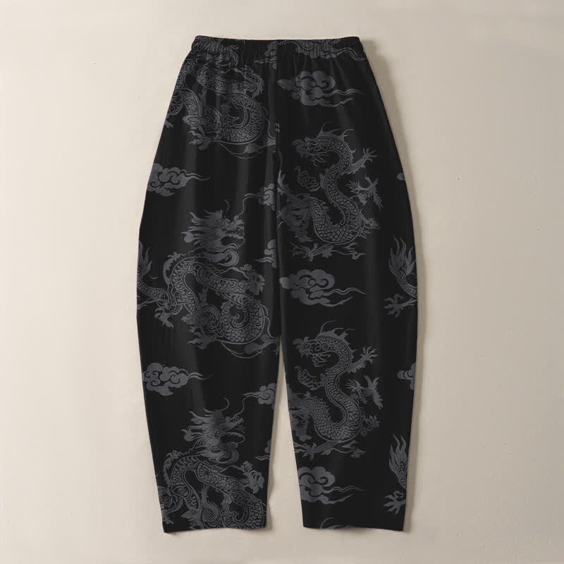 Buddha Stones Herrenhose aus reiner Baumwolle mit dunklem Drachen- und Wolkenmuster, Kordelzug, schmal zulaufendem Schnitt und Taschen - image 3