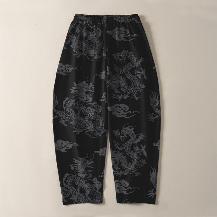 Buddha Stones Herrenhose aus reiner Baumwolle mit dunklem Drachen- und Wolkenmuster, Kordelzug, schmal zulaufendem Schnitt und Taschen - image 3