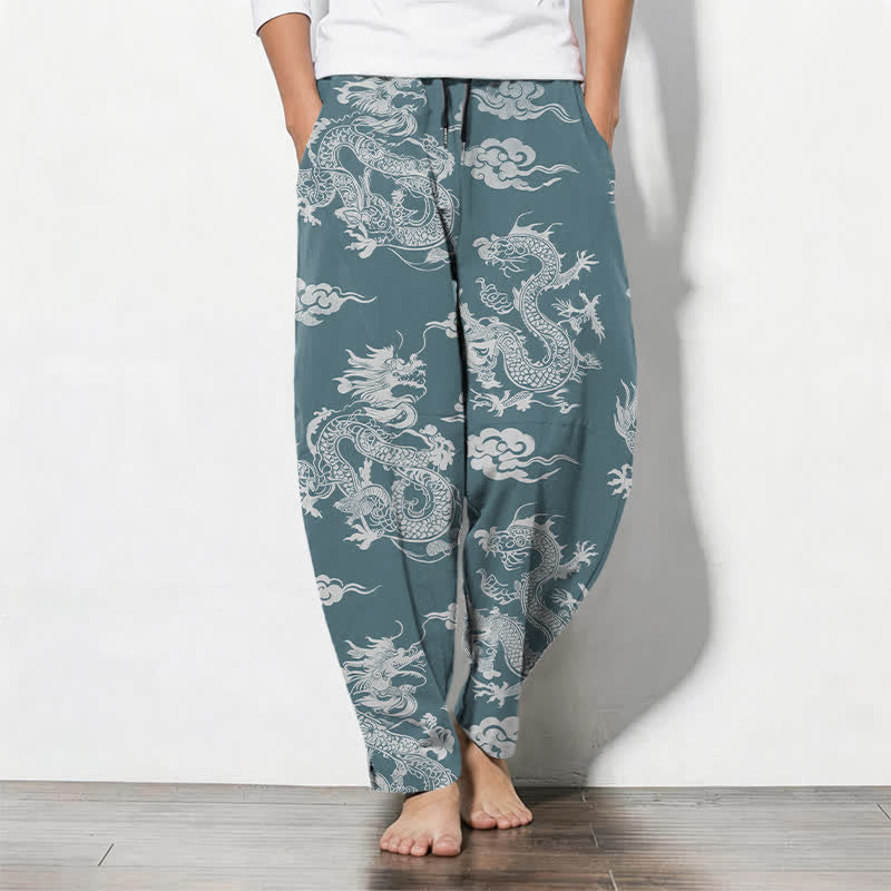 Buddha Stones Herrenhose aus reiner Baumwolle mit dunklem Drachen- und Wolkenmuster, Kordelzug, schmal zulaufendem Schnitt und Taschen - Kadettenblau - US/ UK/AU50, EU60 (5XL) - image 7