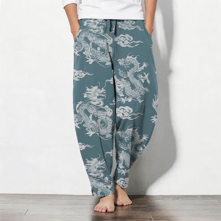 Buddha Stones Herrenhose aus reiner Baumwolle mit dunklem Drachen- und Wolkenmuster, Kordelzug, schmal zulaufendem Schnitt und Taschen - Kadettenblau - US/ UK/AU50, EU60 (5XL) - image 7