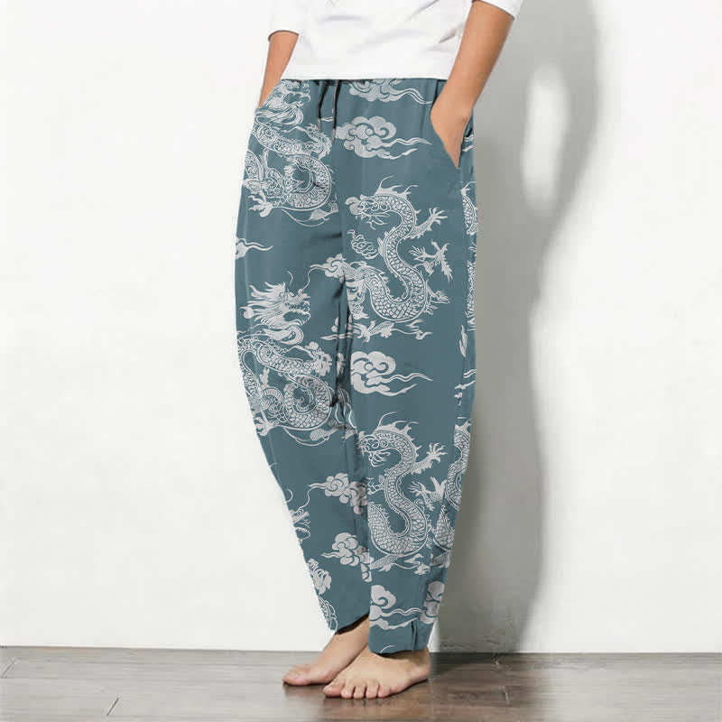 Buddha Stones Herrenhose aus reiner Baumwolle mit dunklem Drachen- und Wolkenmuster, Kordelzug, schmal zulaufendem Schnitt und Taschen - image 8