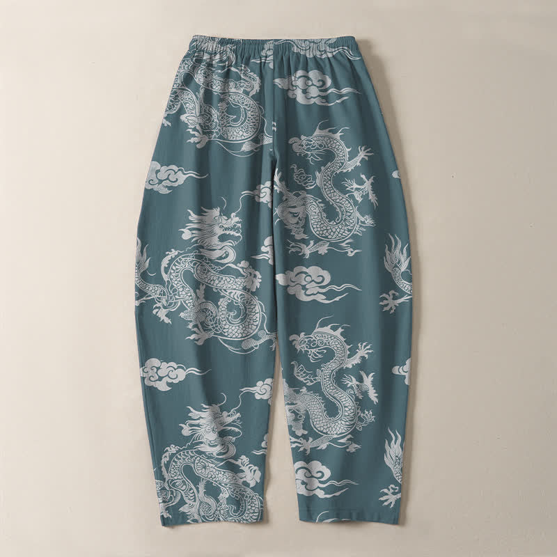 Buddha Stones Herrenhose aus reiner Baumwolle mit dunklem Drachen- und Wolkenmuster, Kordelzug, schmal zulaufendem Schnitt und Taschen - image 10
