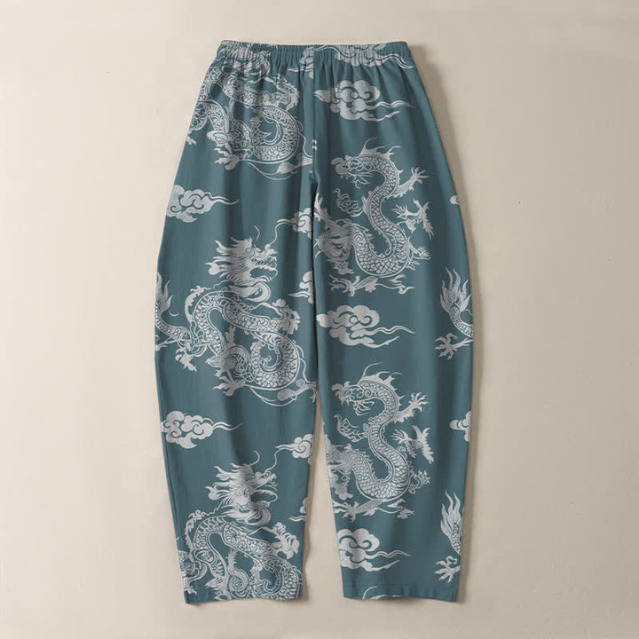 Buddha Stones Herrenhose aus reiner Baumwolle mit dunklem Drachen- und Wolkenmuster, Kordelzug, schmal zulaufendem Schnitt und Taschen - image 10