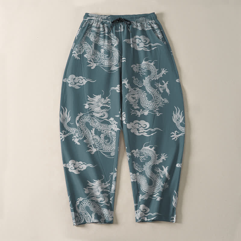 Buddha Stones Herrenhose aus reiner Baumwolle mit dunklem Drachen- und Wolkenmuster, Kordelzug, schmal zulaufendem Schnitt und Taschen - image 9