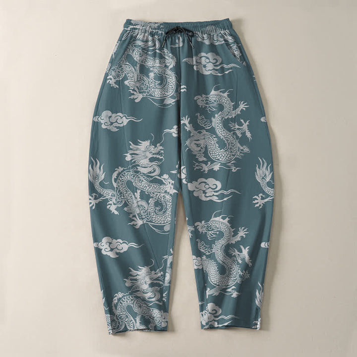 Buddha Stones Herrenhose aus reiner Baumwolle mit dunklem Drachen- und Wolkenmuster, Kordelzug, schmal zulaufendem Schnitt und Taschen - image 9