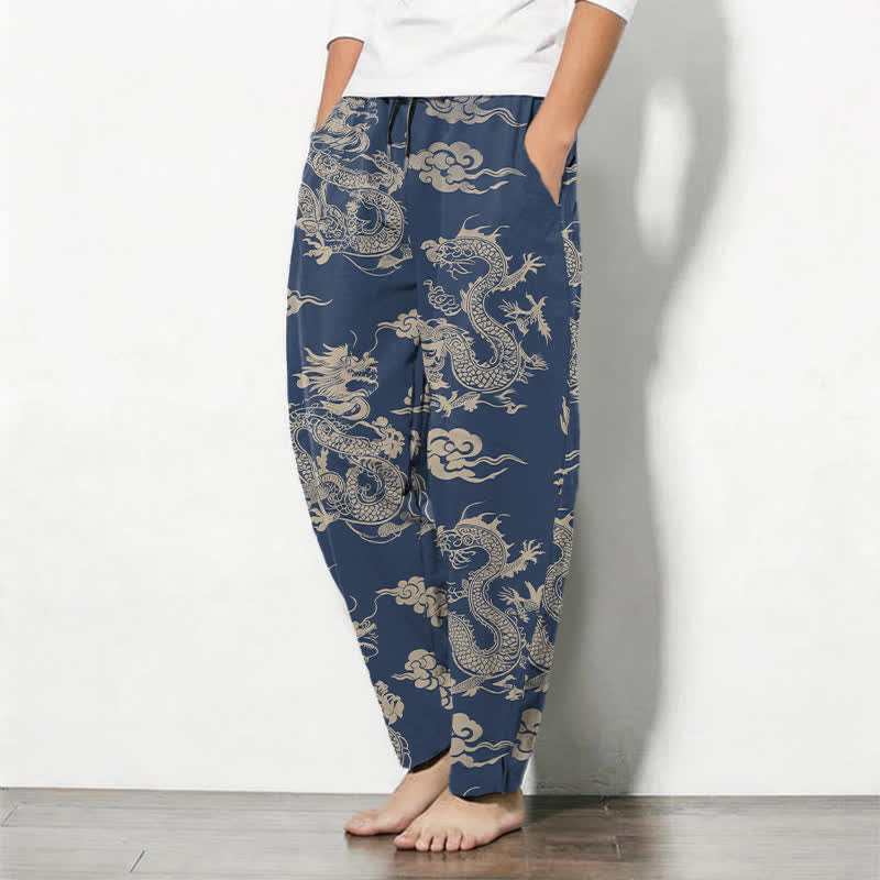Buddha Stones Herrenhose aus reiner Baumwolle mit dunklem Drachen- und Wolkenmuster, Kordelzug, schmal zulaufendem Schnitt und Taschen - image 12