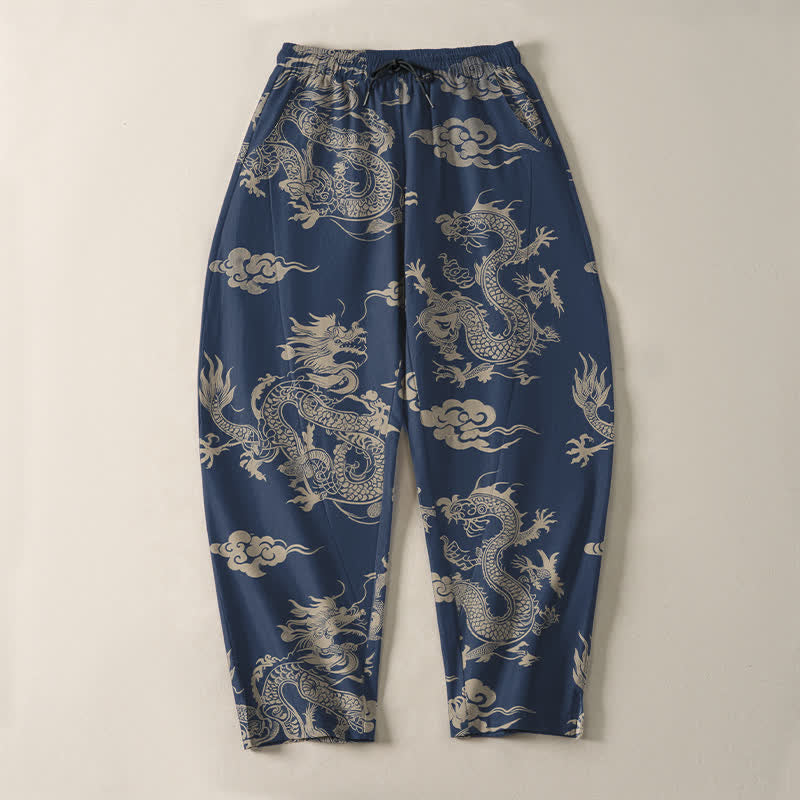 Buddha Stones Herrenhose aus reiner Baumwolle mit dunklem Drachen- und Wolkenmuster, Kordelzug, schmal zulaufendem Schnitt und Taschen - image 13