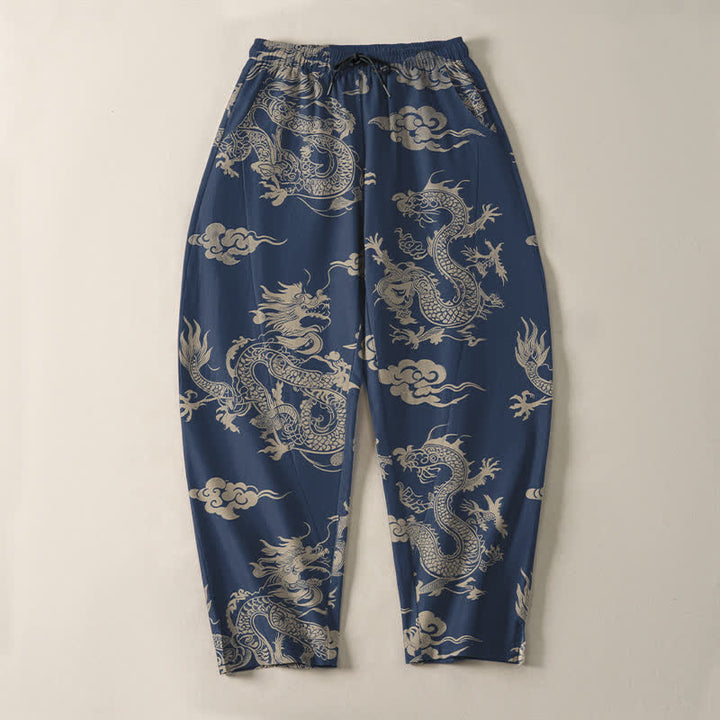 Buddha Stones Herrenhose aus reiner Baumwolle mit dunklem Drachen- und Wolkenmuster, Kordelzug, schmal zulaufendem Schnitt und Taschen - image 13