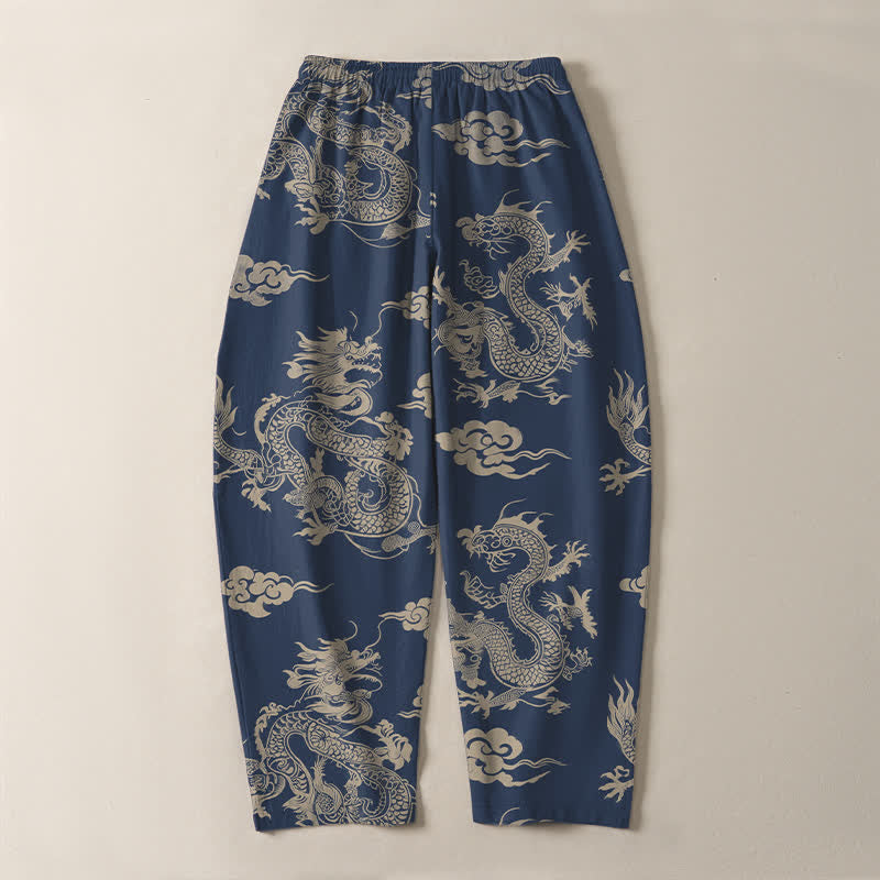 Buddha Stones Herrenhose aus reiner Baumwolle mit dunklem Drachen- und Wolkenmuster, Kordelzug, schmal zulaufendem Schnitt und Taschen - image 14